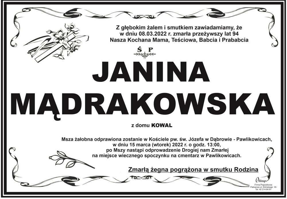 Nekrolog - Janina Mądrakowska